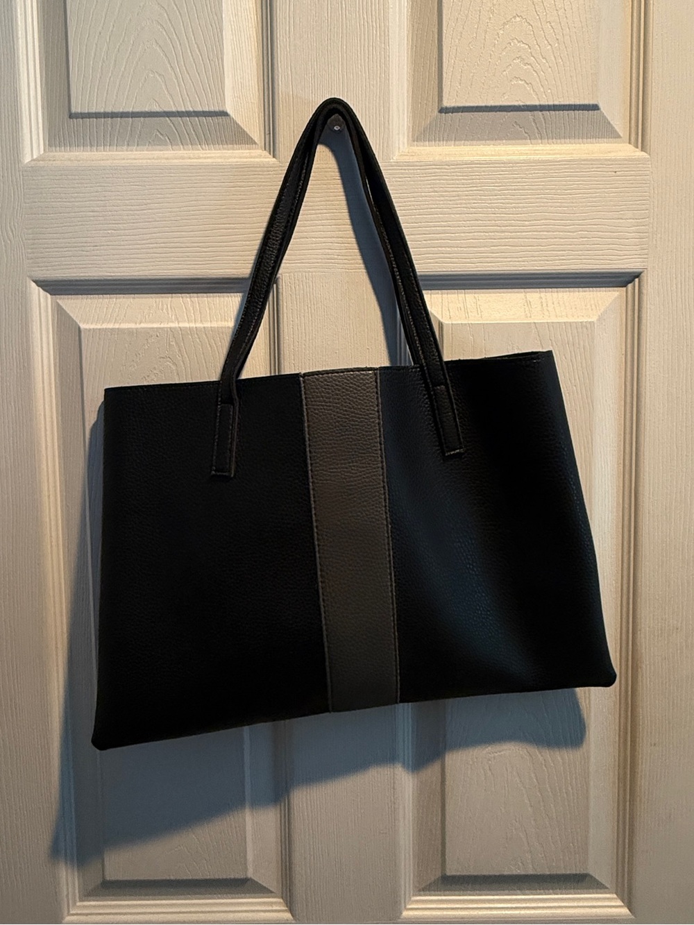 Classic Black Tote Bag with Gray Center Panel - vegan leather Tote